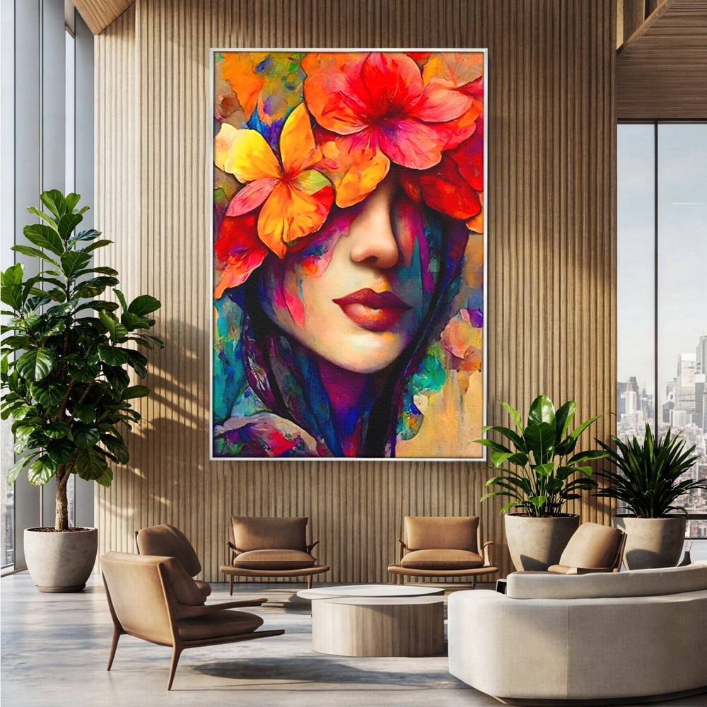 Tablou canvas cu tablou canvas cu portret feminin si flori, in rama de aluminiu argintiu, pe perete intr-un birou